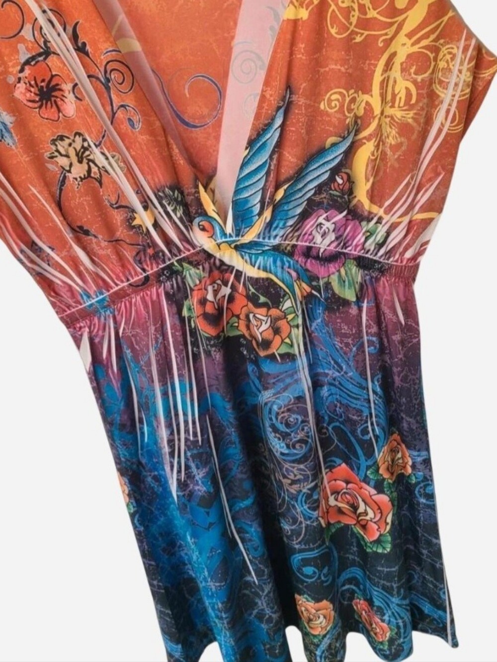 Graphic Orange & Blue Floral Bird V-Neck Dress